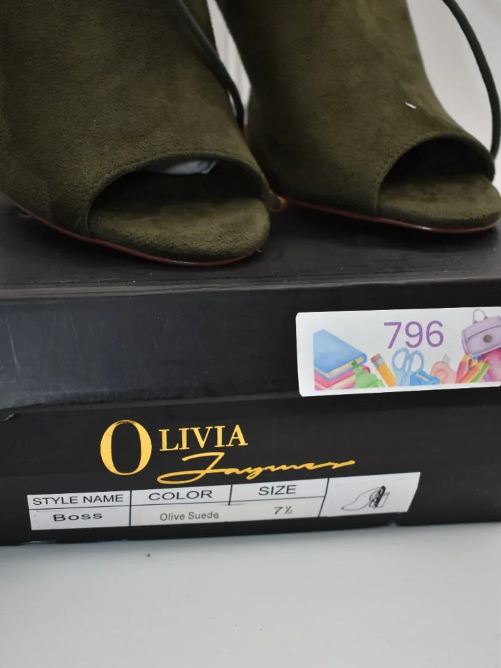 New w/ Box 7.5 Olive Green Olivia Jaymes Suede Clear Block Heel Lace Up Open Toe
